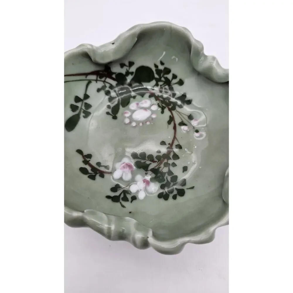 Antique Japanese Meiji Celadon Porcelain Brush Washer Cherry Blossoms